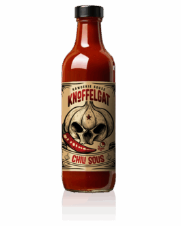 Knoffelgat Chili Sauce bottle – garlic-forward hot sauce with fresh Birds Eye chili, artisan Kawoekie Souse brand