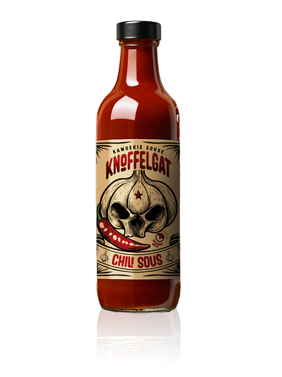 Knoffelgat Chili Sauce bottle – garlic-forward hot sauce with fresh Birds Eye chili, artisan Kawoekie Souse brand